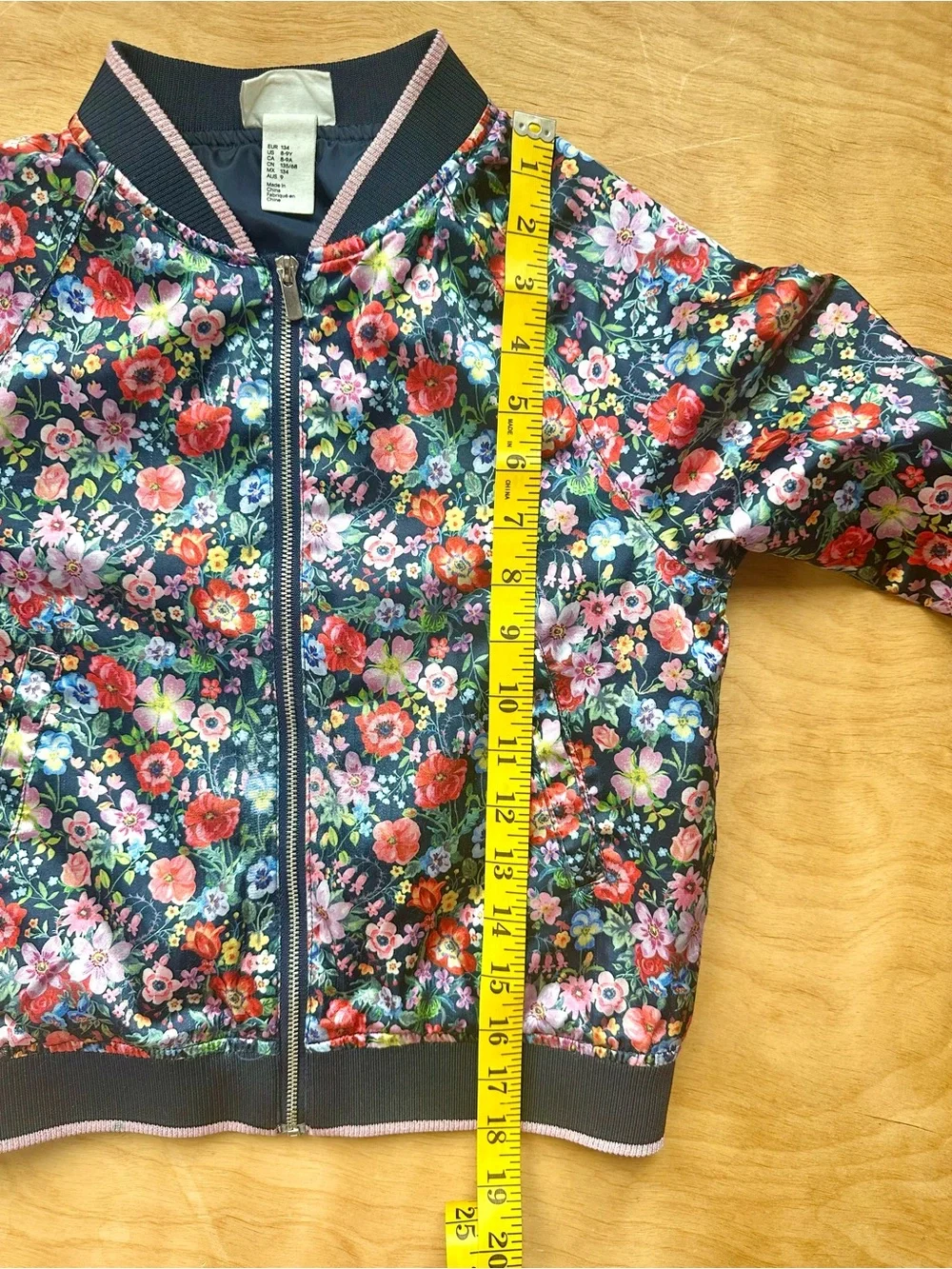 Natalie Lété x H&M Floral Satin Bomber Jacket Girls 8-9Y Navy Zip Pockets